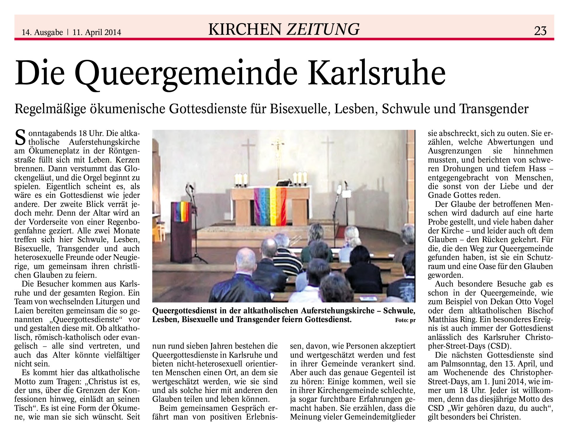 Beitrag über Queergottesdienst KA in der Kirchenzeitung vom 11. April 2014