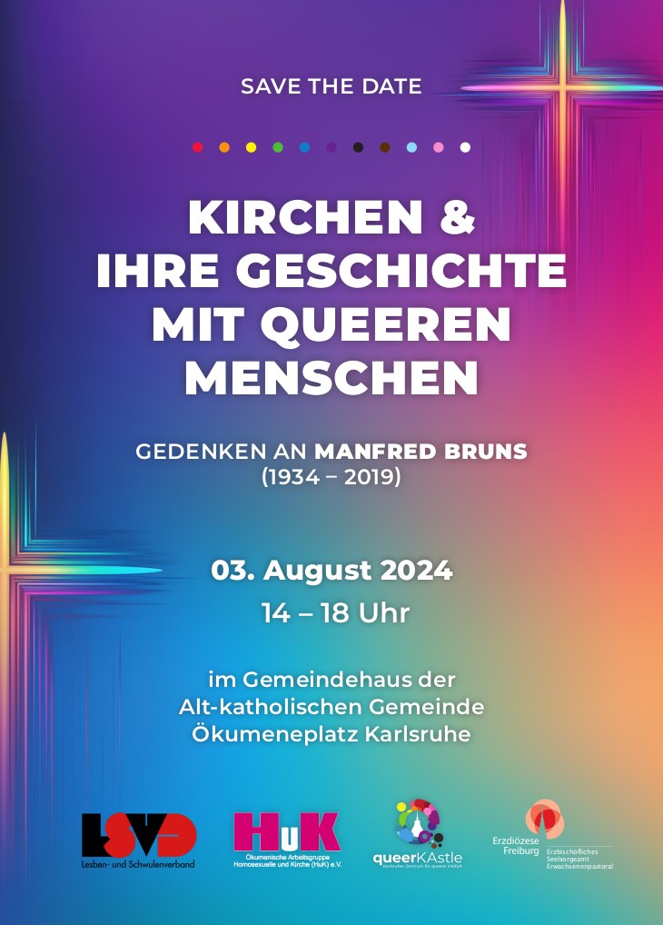 Einladungsflyer zum 3. August 2024, Vorderseite: Kirchen und ihre Geschichte mit queeren Menschen